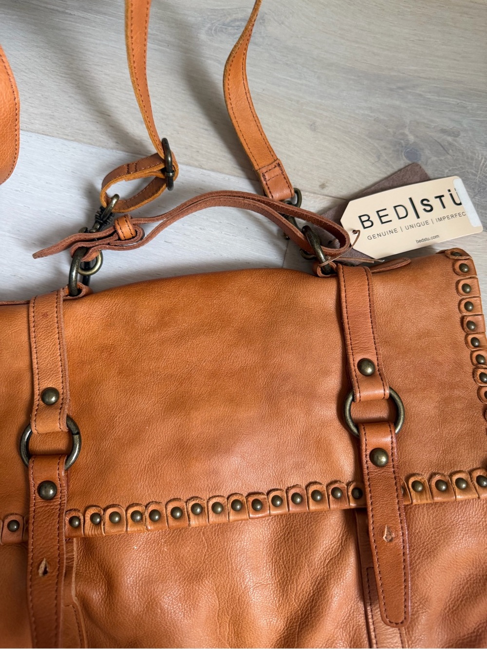 BED|STU Tan Leather Studded Messenger Bag with Adjustable Strap - Picture 7 of 12